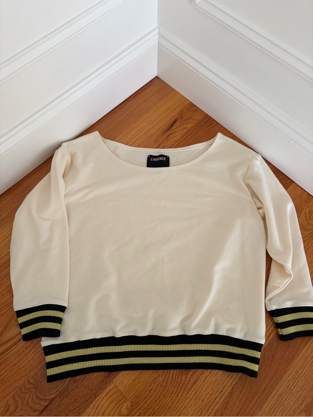 L'AGENCE Cream Scoop Neck Sweater with Black and Olive Stripe Trim